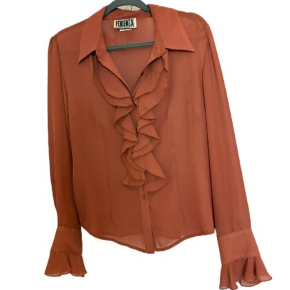 Vintage Forenza Nutmeg Ruffle Front Blouse Sz 16